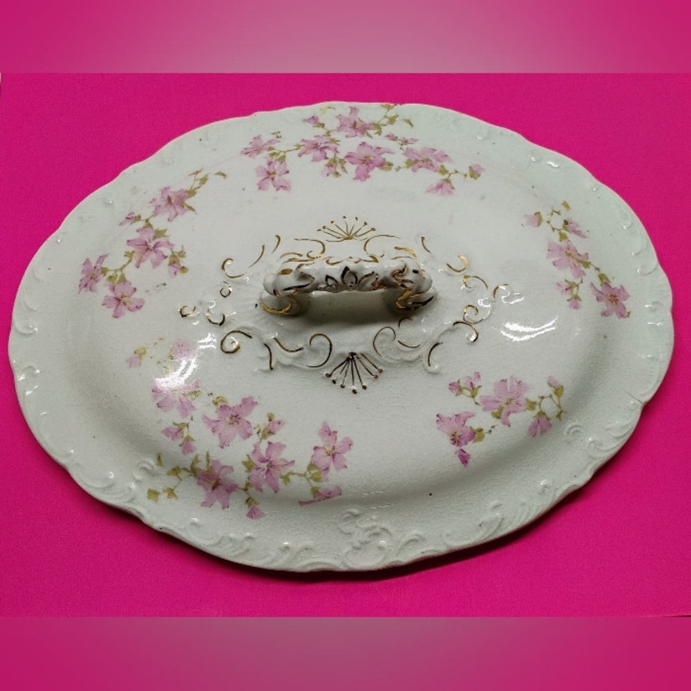Vintage Early 1900's Ceramic China Lid Pink Flowers 24 Kt Gold Accents 9.75"